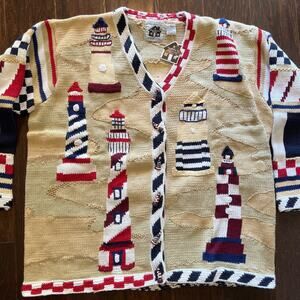 NEW VTG Storybook Knits Lighthouse Cardigan Sweater Nautical Coastal Beach 2X